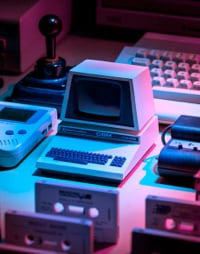 Vintage computer setup with colorful lighting