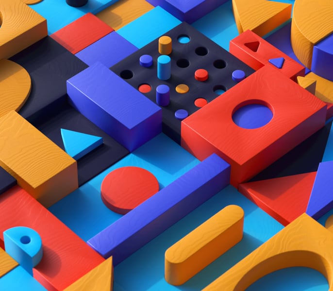 Colorful 3D geometric shapes and gaming pieces representing Web 3.0 technology